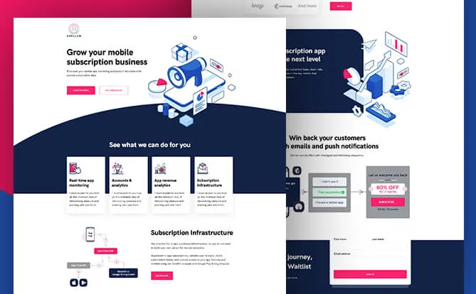 Business software website screenshot with mobile subscription graphics