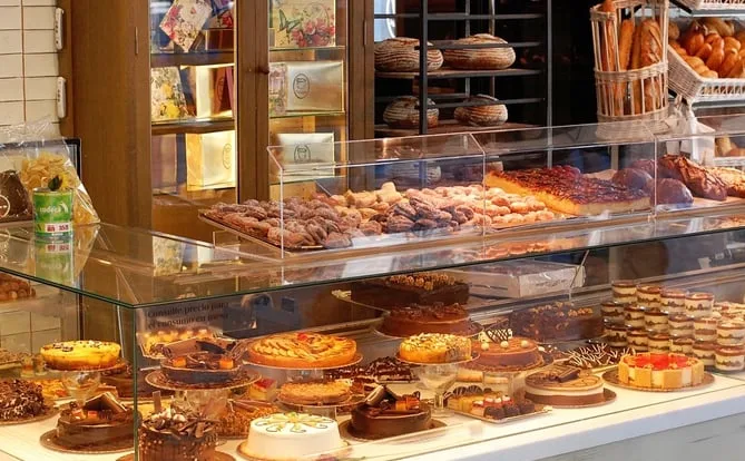 Bakery display with cakes and pastries