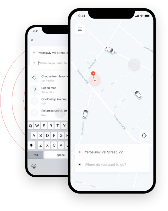 Taxi app screens showing a map and booking details