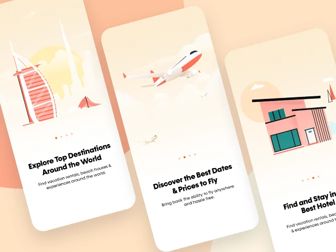 Banking app screens with account and payment illustrations