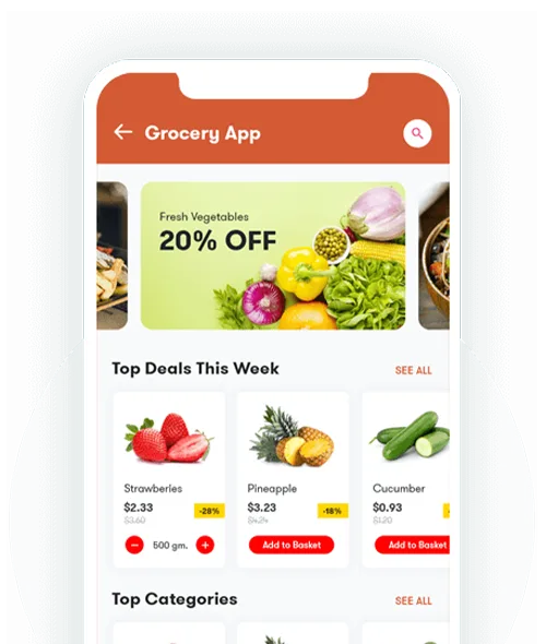 Grocery app screen with produce categories and offers