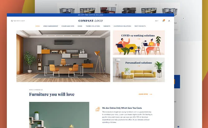 Furniture website screenshot with a room photograph and product sections