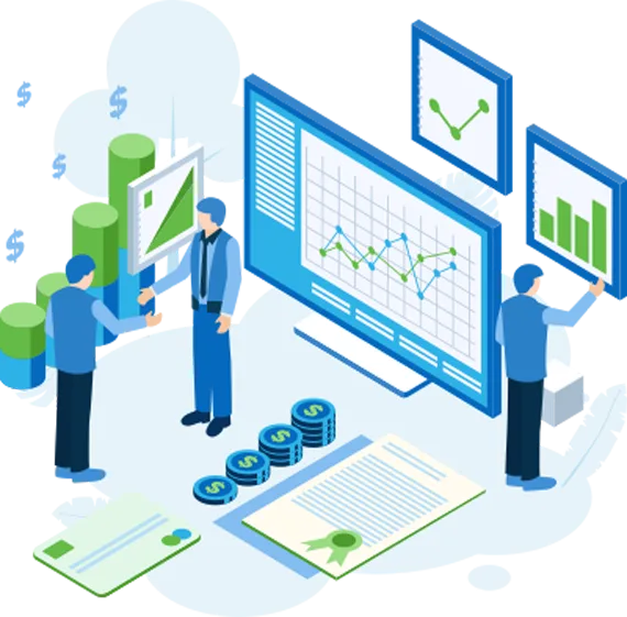Illustration of people reviewing charts on large screens