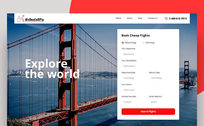 Airdeals Fly website screenshot with flight search and city photographs