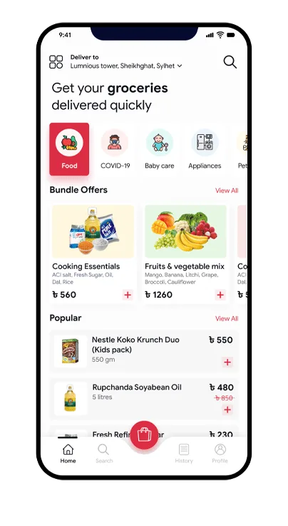 Grocery app screen with categories and product listings