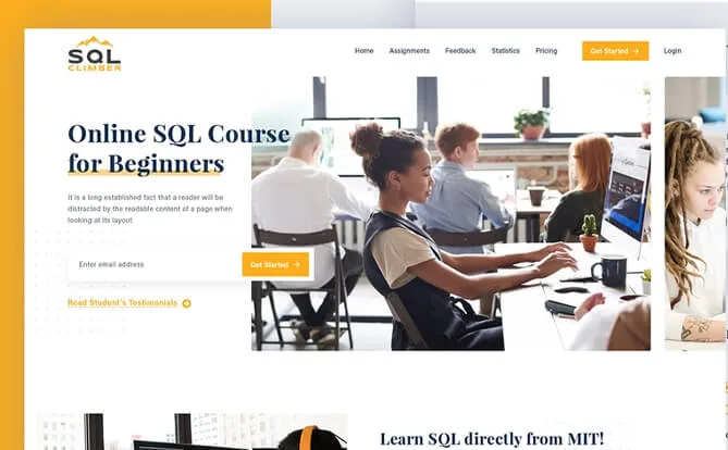 Online learning website screenshot advertising an SQL course