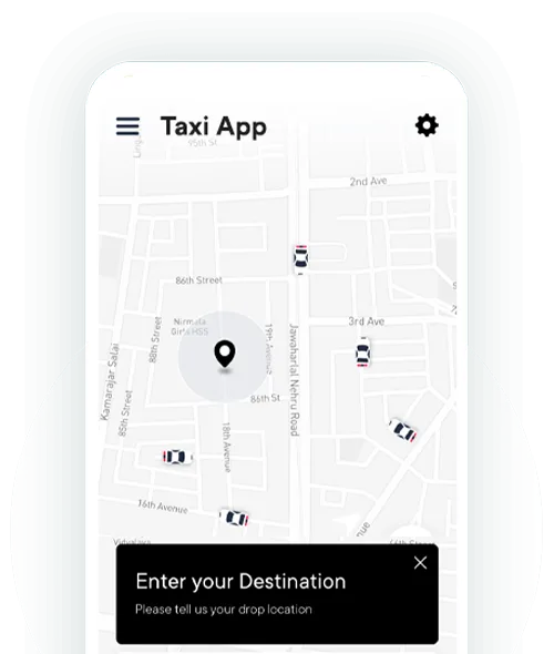 Taxi booking app screen with a destination field and map