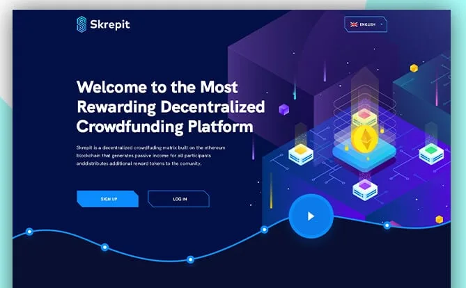 Skrepit website screenshot with decentralised platform graphics