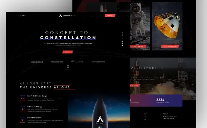Dark space-themed website screenshot with planetary artwork