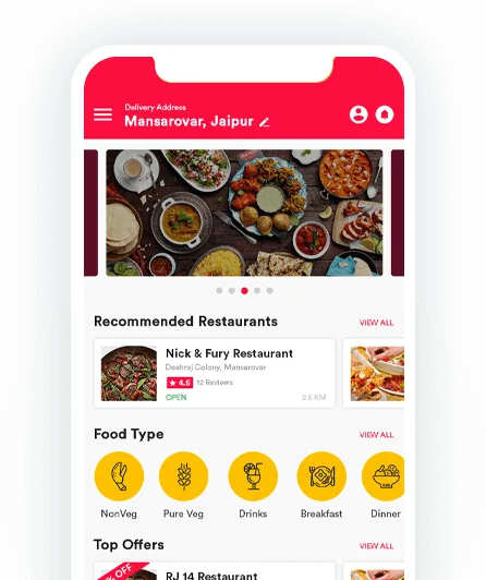 Food delivery app screen with restaurant and dish listings