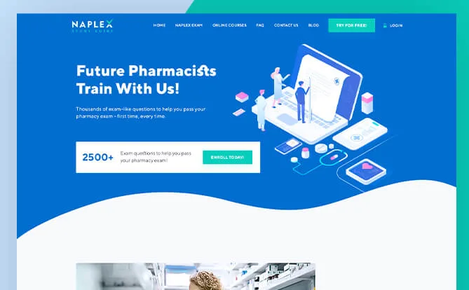 Naplex website screenshot with pharmacist training graphics