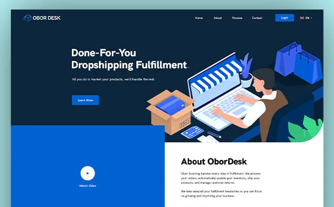Obor Desk website screenshot with shipping fulfilment illustrations