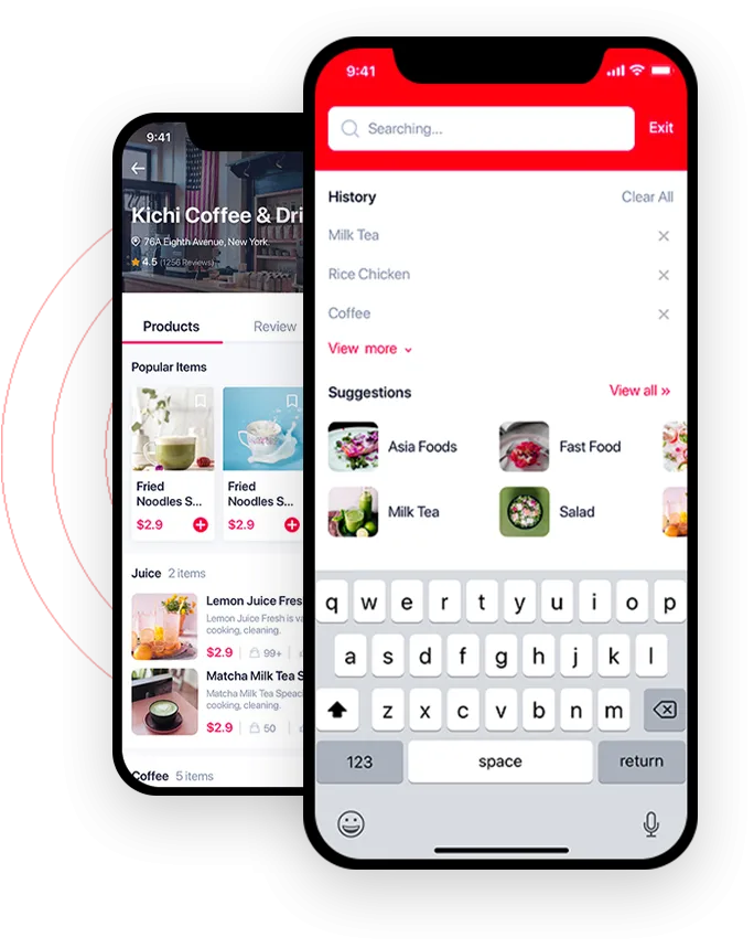 Food ordering app screens with restaurant listings and search