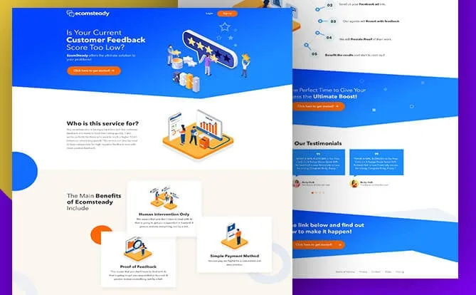 eComSteady website screenshot with customer feedback graphics