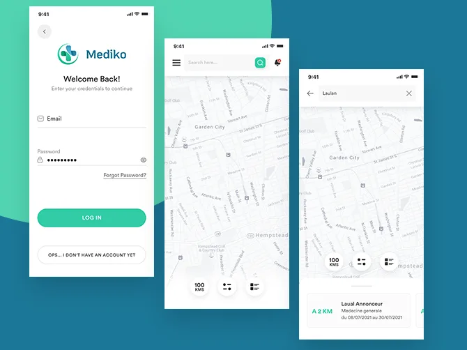 Mediko app screens with registration and maps