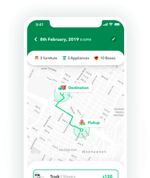 Transport app screen showing a route on a map