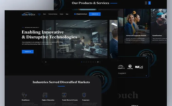 Dark business technology website screenshot with industry sections