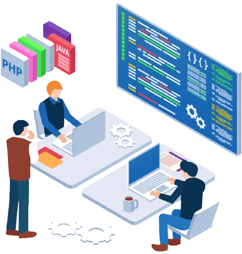 Illustration of a development team with code and application screens