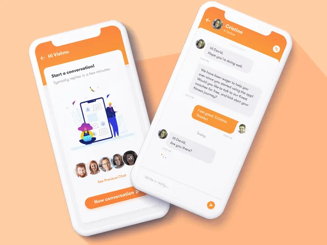 App screens with a welcome illustration and a user profile