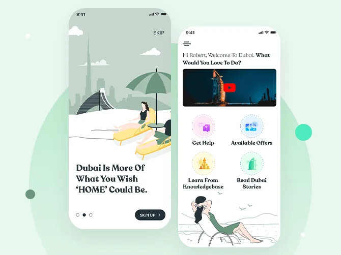 Travel app screens with a destination illustration and booking options