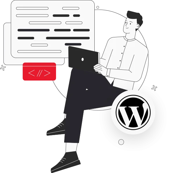 Illustration of a developer beside a code screen and WordPress logo