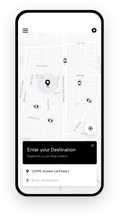 Ride booking app screen with a map and destination field