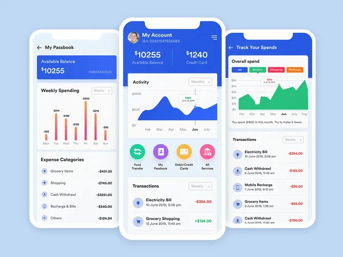 Finance app screens with balances and portfolio charts