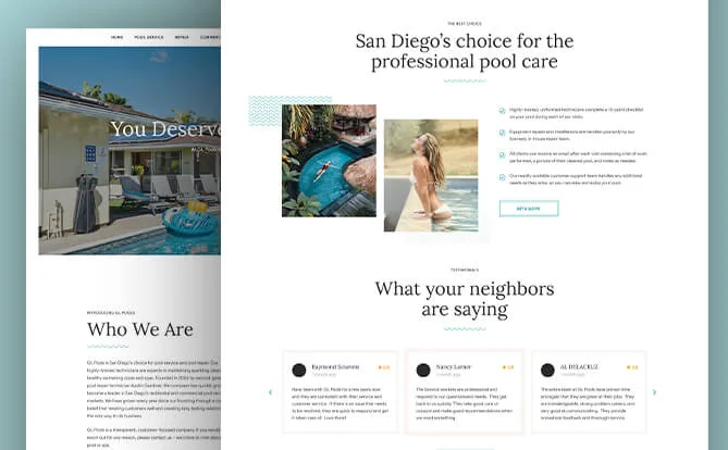 Pool care website screenshot with a swimming pool photograph