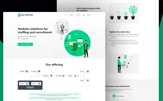Recruitment website screenshot with staffing illustrations
